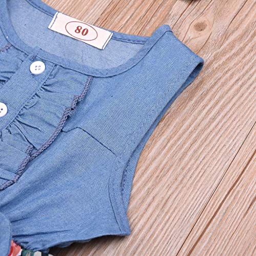 YWLINK 2PC Verano Mezcla De Algodon Vestido Denim Sin Mangas Lazo Encaje+Banda De Pelo Traje Bien Parecido Rendimiento Regalo Vacaciones En La Playa(Azul,6-12 meses/80)