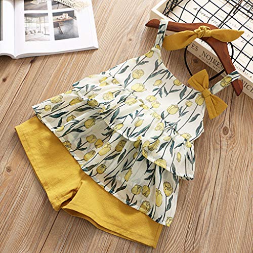 YWLINK 3PC Mezcla De Algodon Ropa De NiñOs Top Camisola Estampado TulipáN Camiseta+Pantalones Cortos De Color SóLido+Banda De Pelo Vestido De Fiesta(Amarillo,18-24Meses/100)