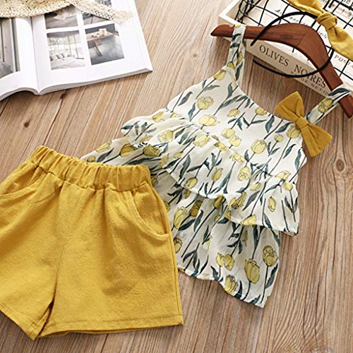 YWLINK 3PC Mezcla De Algodon Ropa De NiñOs Top Camisola Estampado TulipáN Camiseta+Pantalones Cortos De Color SóLido+Banda De Pelo Vestido De Fiesta(Amarillo,18-24Meses/100)