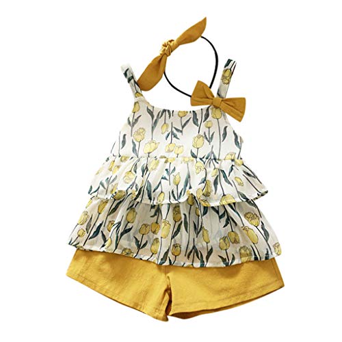 YWLINK 3PC Mezcla De Algodon Ropa De NiñOs Top Camisola Estampado TulipáN Camiseta+Pantalones Cortos De Color SóLido+Banda De Pelo Vestido De Fiesta(Amarillo,18-24Meses/100)