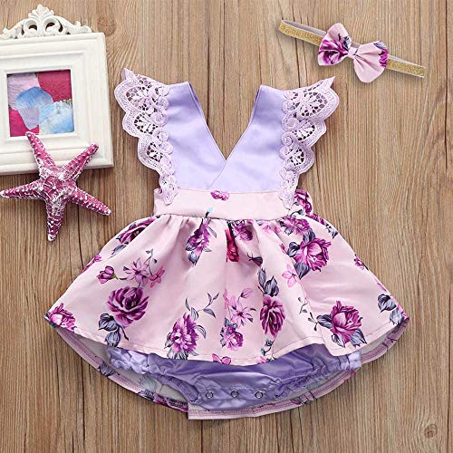 YWLINK Bebe NiñA Mono,Lindo Florales Volante Encaje Traje De Escalada Fiesta De CumpleañOs En La Playa Vestido Moda Casual CóModo Regalo Ropa De NiñOs+Banda De Pelo Conjunto(Púrpura,12 meses/90)