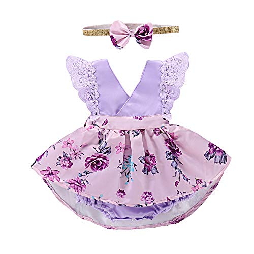 YWLINK Bebe NiñA Mono,Lindo Florales Volante Encaje Traje De Escalada Fiesta De CumpleañOs En La Playa Vestido Moda Casual CóModo Regalo Ropa De NiñOs+Banda De Pelo Conjunto(Púrpura,12 meses/90)