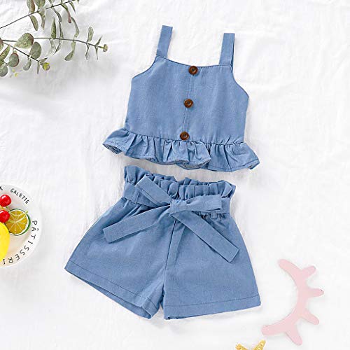 YWLINK Conjunto Bebé NiñAs Verano Mezcla De AlgodóN Sleeveless Plisada Sling Top Camiseta Manga Corta + Arco Pantalones Conjunto Moda Casual Lindo Regalo De CumpleañOs Fiesta(Azul,12-18 meses/90)