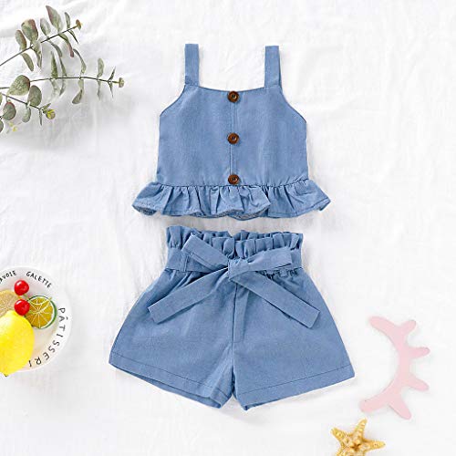 YWLINK Conjunto Bebé NiñAs Verano Mezcla De AlgodóN Sleeveless Plisada Sling Top Camiseta Manga Corta + Arco Pantalones Conjunto Moda Casual Lindo Regalo De CumpleañOs Fiesta(Azul,12-18 meses/90)