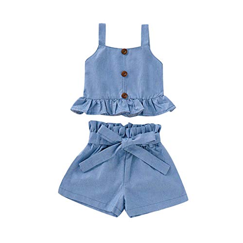 YWLINK Conjunto Bebé NiñAs Verano Mezcla De AlgodóN Sleeveless Plisada Sling Top Camiseta Manga Corta + Arco Pantalones Conjunto Moda Casual Lindo Regalo De CumpleañOs Fiesta(Azul,12-18 meses/90)