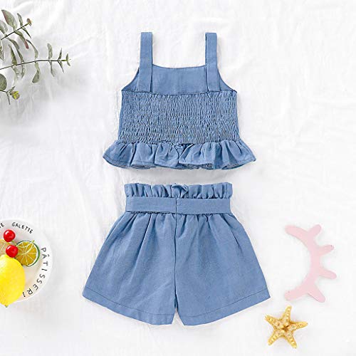 YWLINK Conjunto Bebé NiñAs Verano Mezcla De AlgodóN Sleeveless Plisada Sling Top Camiseta Manga Corta + Arco Pantalones Conjunto Moda Casual Lindo Regalo De CumpleañOs Viajes(Azul,2-3 años/110)