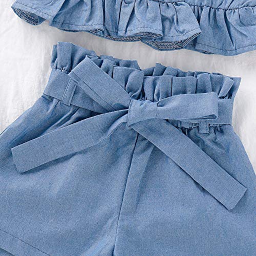 YWLINK Conjunto Bebé NiñAs Verano Mezcla De AlgodóN Sleeveless Plisada Sling Top Camiseta Manga Corta + Arco Pantalones Conjunto Moda Casual Lindo Regalo De CumpleañOs Viajes(Azul,2-3 años/110)