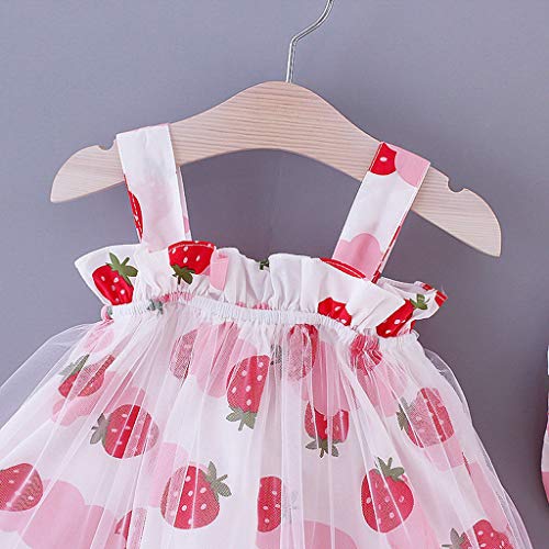 YWLINK Conjunto De 2 Piezas para NiñA Verano Sin Mangas Vestido Princesa De Malla Estampado Fresa Mezcla De AlgodóN Falda Casual De Playa+Sombrero para El Sol Vacaciones FotografíA