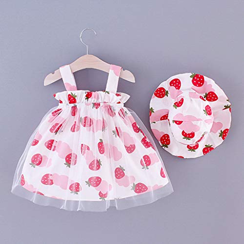 YWLINK Conjunto De 2 Piezas para NiñA Verano Sin Mangas Vestido Princesa De Malla Estampado Fresa Mezcla De AlgodóN Falda Casual De Playa+Sombrero para El Sol Vacaciones FotografíA