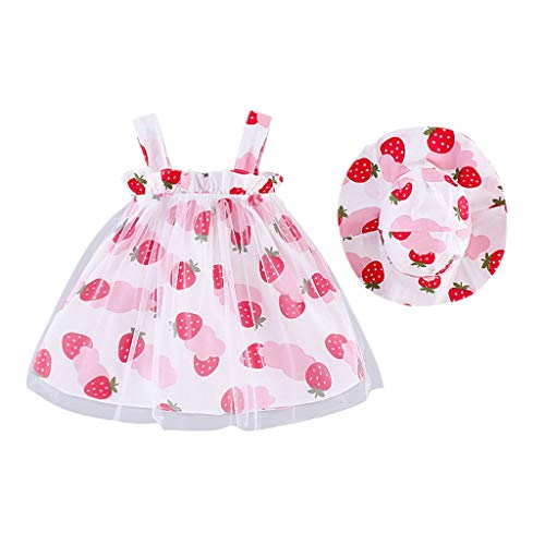 YWLINK Conjunto De 2 Piezas para NiñA Verano Sin Mangas Vestido Princesa De Malla Estampado Fresa Mezcla De AlgodóN Falda Casual De Playa+Sombrero para El Sol Vacaciones FotografíA