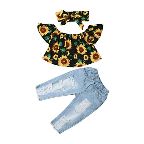 YWLINK Conjunto NiñA Manga Corta Estampado De Girasol Un Hombro Arriba Camiseta+Jeans De Moda+Juego De Correas para El Cabello+Banda De Pelo Traje De 3 Piezas Moda Linda(Amarillo,18-24 meses/100)