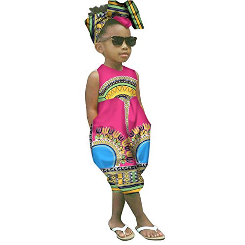 YWLINK Conjuntos NiñA,Verano Estilo Nacional Ropa Infantil del Mono del Mameluco del Estampado Africano Sin Mangas+Banda De Pelo Conjunto De 2 Piezas La Moda Vestido De Fiesta(Rojo,5-6 años/120)