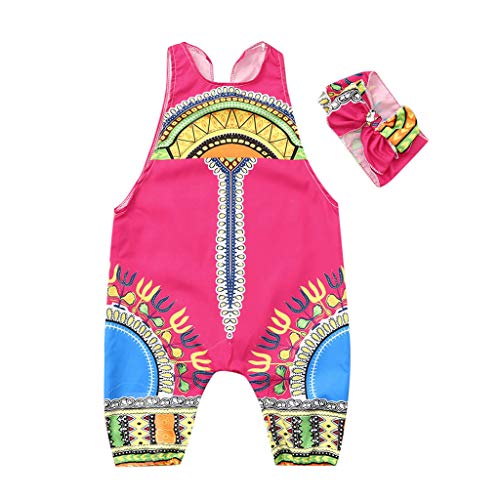 YWLINK Conjuntos NiñA,Verano Estilo Nacional Ropa Infantil del Mono del Mameluco del Estampado Africano Sin Mangas+Banda De Pelo Conjunto De 2 Piezas La Moda Vestido De Fiesta(Rojo,5-6 años/120)