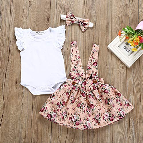 YWLINK Lindo 3PC Ropa De Bebe Verano Mezcla De Algodon De Manga Voladora Color SóLido Traje De Mameluco+Vestido De Chaleco De La Honda Impresa+Conjunto De Diadema Playa(Blanco,0-6 meses/70)