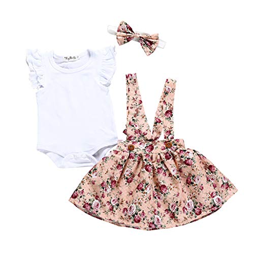 YWLINK Lindo 3PC Ropa De Bebe Verano Mezcla De Algodon De Manga Voladora Color SóLido Traje De Mameluco+Vestido De Chaleco De La Honda Impresa+Conjunto De Diadema Playa(Blanco,0-6 meses/70)