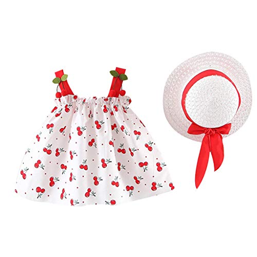 YWLINK NiñAs 2PC Verano Vestido Sin Mangas con Estampado De Cereza con Volantes Vestido De Princesa+Sombrero De Paja Lindo Ropa De NiñOs Muy Bonito Regalo(Rojo,18-24 Months/90/9/10)