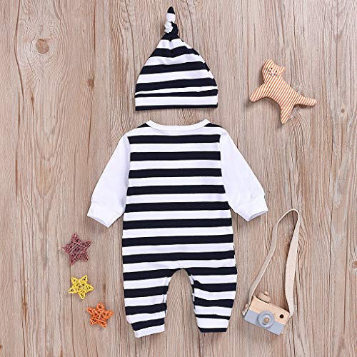 YWLINK Ropa De Abrigo para Bebé ReciéN Nacido Mono De Rayas De Elefante De Manga Larga De OtoñO Mameluco Mezcla De AlgodóN CóModo Y Suave Pijama Casual+Sombrero Traje De NiñOs(Blanco,0-6 meses/70)