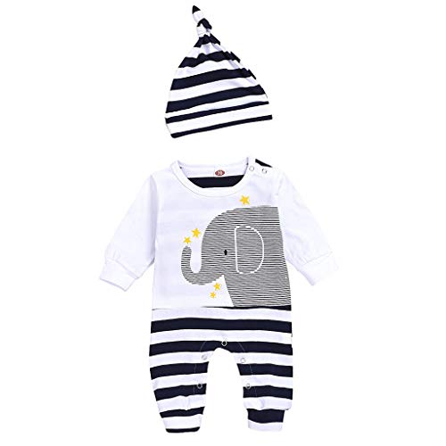 YWLINK Ropa De Abrigo para Bebé ReciéN Nacido Mono De Rayas De Elefante De Manga Larga De OtoñO Mameluco Mezcla De AlgodóN CóModo Y Suave Pijama Casual+Sombrero Traje De NiñOs(Blanco,0-6 meses/70)