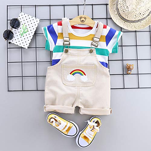 YWLINK Verano Al Aire Libre Mezcla De Algodon Manga Corta Rayas Arcoiris Camiseta +Babero Arcoiris Pantalones Cortos Traje De 2 Piezas Regalo Blanco, Amarillo, Azul, Café 6 Meses-3AñOs