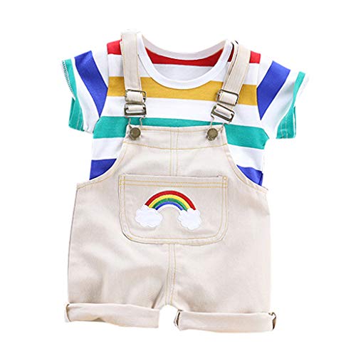 YWLINK Verano Al Aire Libre Mezcla De Algodon Manga Corta Rayas Arcoiris Camiseta +Babero Arcoiris Pantalones Cortos Traje De 2 Piezas Regalo Blanco, Amarillo, Azul, Café 6 Meses-3AñOs