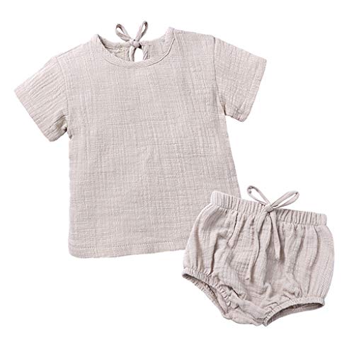 YWLINK♥Mono De Bebe Verano NiñOs NiñAsCamiseta Sin Mangas De Lino De Manga Corta Traje De Rastreo+Encaje Pantalones Cortos Moda Casual Lindo Vestido Bautizo Ropa De Bebe(Beige,6-12 meses/80)