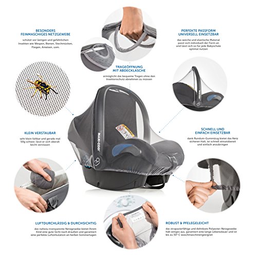 Zamboo Mosquitera Grupo 0+ (se adapta a Maxi-Cosi / Cybex / Römer) - Red antiinsectos para silla de coche, resistente, con goma elástica y abertura para asa - Gris