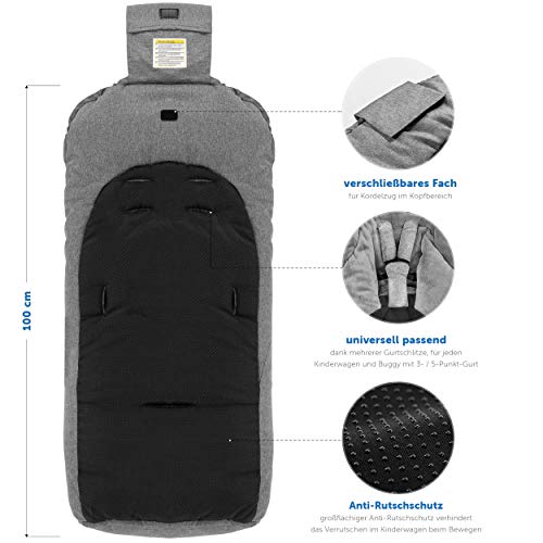 Zamboo - Saco de invierno Universal para Cochecito y Silla de Paseo con protección antideslizante, Forro Polar térmico Deluxe, capucha tipo momia y bolsa - Gris