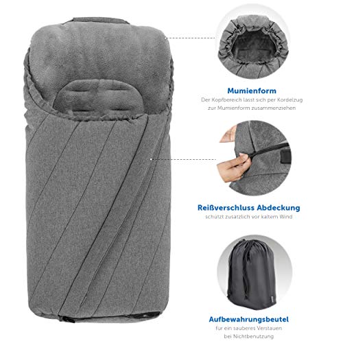 Zamboo - Saco de invierno Universal para Cochecito y Silla de Paseo con protección antideslizante, Forro Polar térmico Deluxe, capucha tipo momia y bolsa - Gris