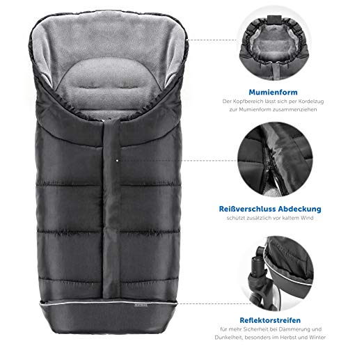 Zamboo - Saco de invierno Universal para Cochecito y Silla de paseo - Protección antideslizante, Forro Polar térmico Deluxe, capucha tipo momia, reflectores y bolsa, negro/gris