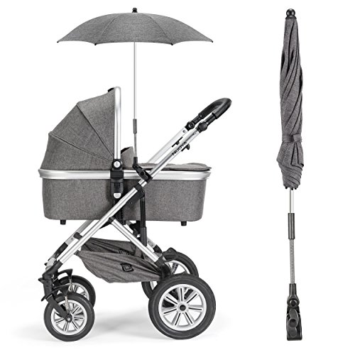 Zamboo - Sombrilla universal Carrito de bebé - Silla de paseo - Parasol flexible con soporte para tubos redondos y ovalados / Protección UV50+, 73 cm diámetro, color gris