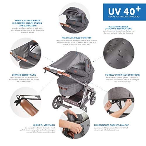 Zamboo Toldo / Protección solar universal para cochecitos, capazos y sillas de paseo - Parasol flexible con protección UV 40+ y función de persiana enrollable - Gris