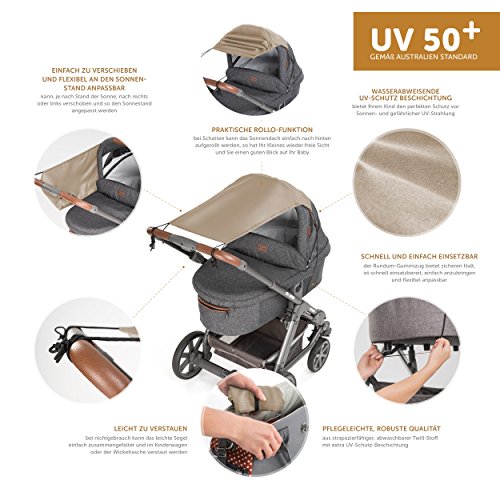 Zamboo Toldo / Protección solar universal para cochecitos, capazos y sillas de paseo | Parasol flexible con protección UV 50+ y función de persiana enrollable - Beige