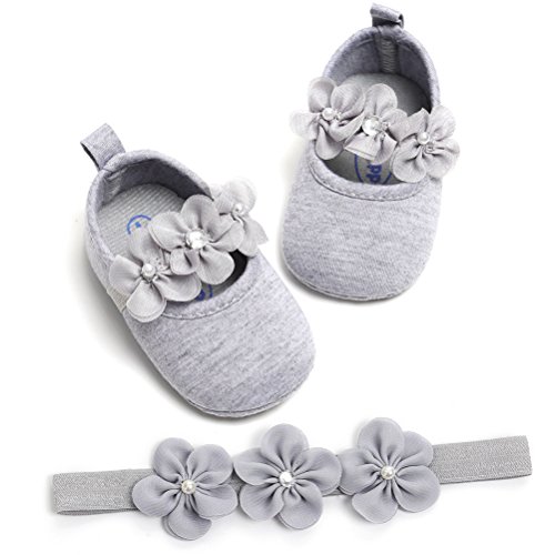 Zapatos de Niña con Diadema Regalo Set Bautizo Lovely Algodón Flor Suave Suela Zapatillas Antideslizantes Zapatos de Princesa (6-12 Meses, Gris, Tamaño de Etiqueta 12)