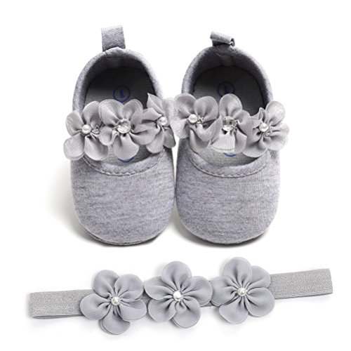 Zapatos de Niña con Diadema Regalo Set Bautizo Lovely Algodón Flor Suave Suela Zapatillas Antideslizantes Zapatos de Princesa (6-12 Meses, Gris, Tamaño de Etiqueta 12)