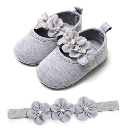 Zapatos de Niña con Diadema Regalo Set Bautizo Lovely Algodón Flor Suave Suela Zapatillas Antideslizantes Zapatos de Princesa (6-12 Meses, Gris, Tamaño de Etiqueta 12)