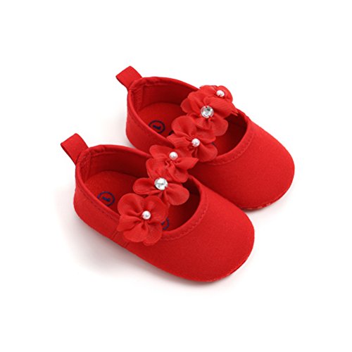 Zapatos de Niña con Diadema Regalo Set Bautizo Lovely Algodón Flor Suave Suela Zapatillas Antideslizantes Zapatos de Princesa (6-12 Meses, Rojo, Tamaño de Etiqueta 12)