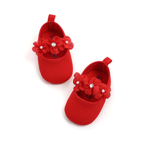 Zapatos de Niña con Diadema Regalo Set Bautizo Lovely Algodón Flor Suave Suela Zapatillas Antideslizantes Zapatos de Princesa (6-12 Meses, Rojo, Tamaño de Etiqueta 12)