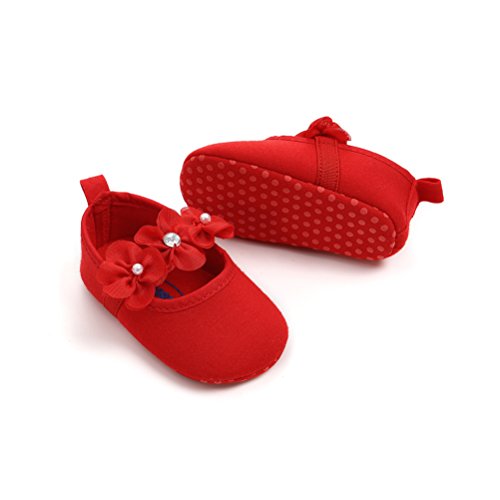 Zapatos de Niña con Diadema Regalo Set Bautizo Lovely Algodón Flor Suave Suela Zapatillas Antideslizantes Zapatos de Princesa (6-12 Meses, Rojo, Tamaño de Etiqueta 12)