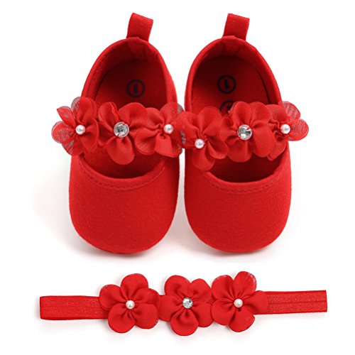 Zapatos de Niña con Diadema Regalo Set Bautizo Lovely Algodón Flor Suave Suela Zapatillas Antideslizantes Zapatos de Princesa (6-12 Meses, Rojo, Tamaño de Etiqueta 12)