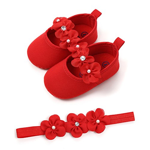 Zapatos de Niña con Diadema Regalo Set Bautizo Lovely Algodón Flor Suave Suela Zapatillas Antideslizantes Zapatos de Princesa (6-12 Meses, Rojo, Tamaño de Etiqueta 12)