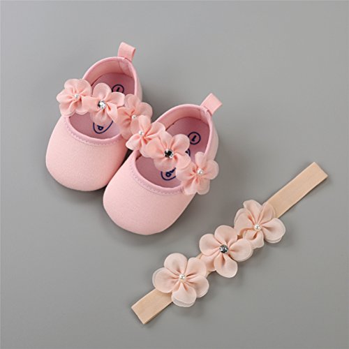 Zapatos de Niña con Diadema Regalo Set Bautizo Lovely Algodón Flor Suave Suela Zapatillas Antideslizantes Zapatos de Princesa (6-12 Meses, Rosado)