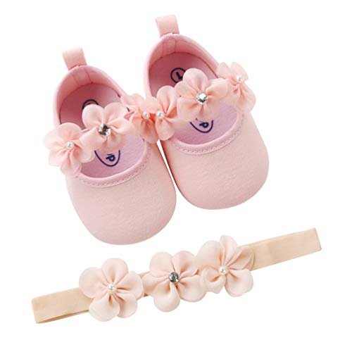 Zapatos de Niña con Diadema Regalo Set Bautizo Lovely Algodón Flor Suave Suela Zapatillas Antideslizantes Zapatos de Princesa (6-12 Meses, Rosado)