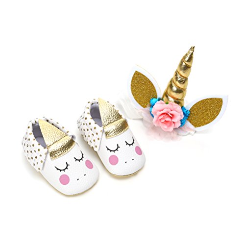 Zapatos de Niña con Diadema Regalo Set Unicornio Flor Suave Suela Zapatillas Antideslizantes Zapatos de Princesa (12-18 Meses, A)