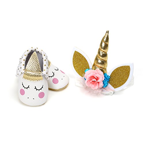 Zapatos de Niña con Diadema Regalo Set Unicornio Flor Suave Suela Zapatillas Antideslizantes Zapatos de Princesa (12-18 Meses, A)