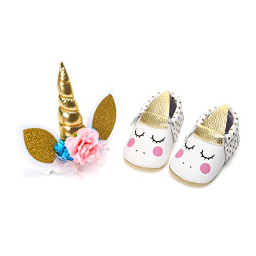 Zapatos de Niña con Diadema Regalo Set Unicornio Flor Suave Suela Zapatillas Antideslizantes Zapatos de Princesa (12-18 Meses, A)