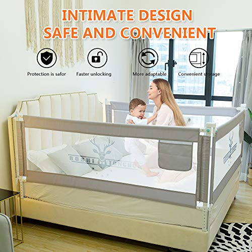 ZEHNHASE Barandilla de La Cama para bebés, Barrera de cama para niños Colchón doble, doble, tamaño completo tamaño queen y king (Cornamenta gris, 180cm, Children: M)