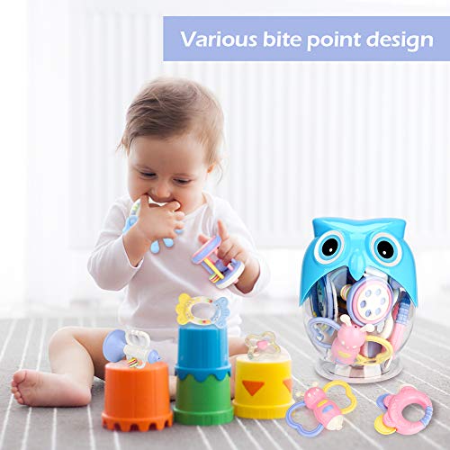 Zwini Juguete de dentición y sonajero Infantil Set de 10 PCS Shaker Grab Rattle Juguetes educativos tempranos para bebés Recién Nacidos Anillo con Botella de búho bebés