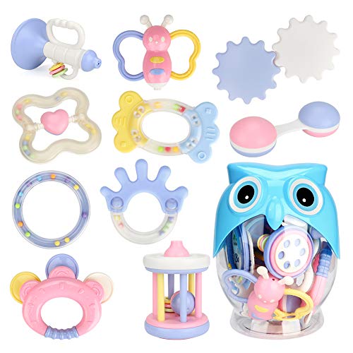 Zwini Juguete de dentición y sonajero Infantil Set de 10 PCS Shaker Grab Rattle Juguetes educativos tempranos para bebés Recién Nacidos Anillo con Botella de búho bebés