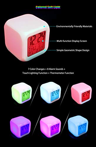 ZZTX FASHION Despertador para Niños, Despertador de Cabecera con Luz Nocturna de 7 Colores, Mini Music Wake Up Alarm Clock con 8 Sonidos, Regalo para Niños Niñas,I