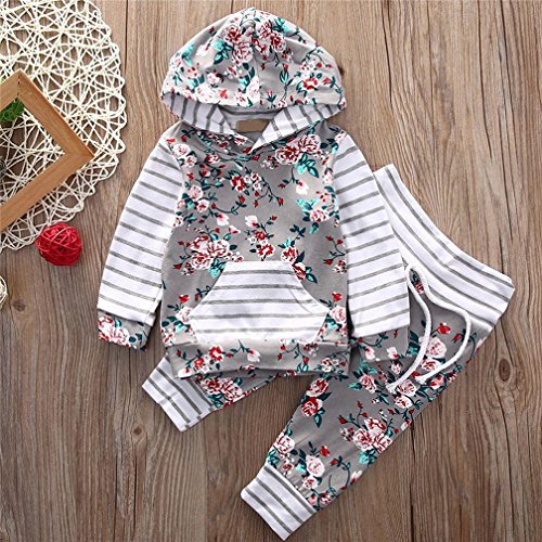 2pcs Infantil NiñAs Ropa Conjuntos Rosa ImpresióN Raya Manga Larga Tops Encapuchado + Rosa Pantalones (100cm/18-24 Meses)